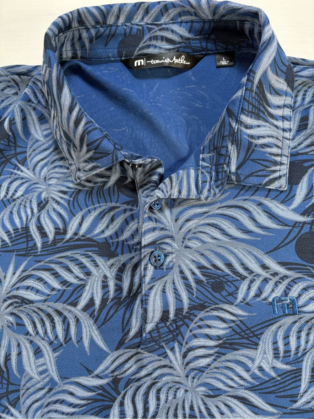 TravisMathew Mens Large Polo Shirt Blue Palm Leaf Tropical Print Short Sleeve L